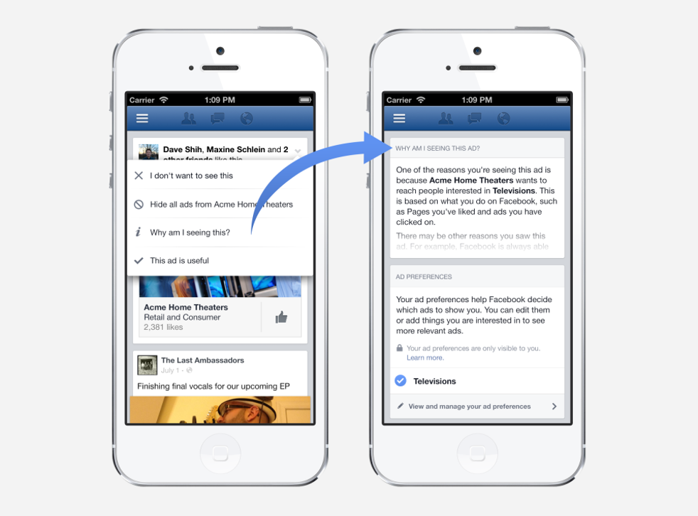 The changes will let users find out why they're seeing an advert and rate it for usefulness. Image: Facebook