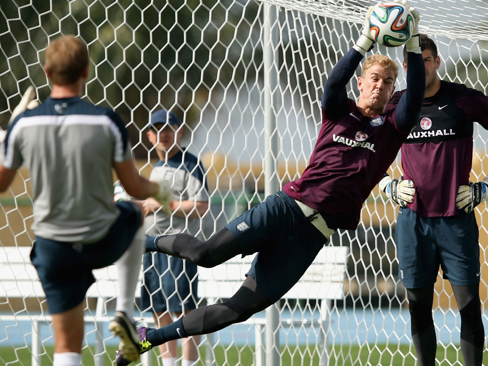 Joe Hart makes a save during England training in Rio this week