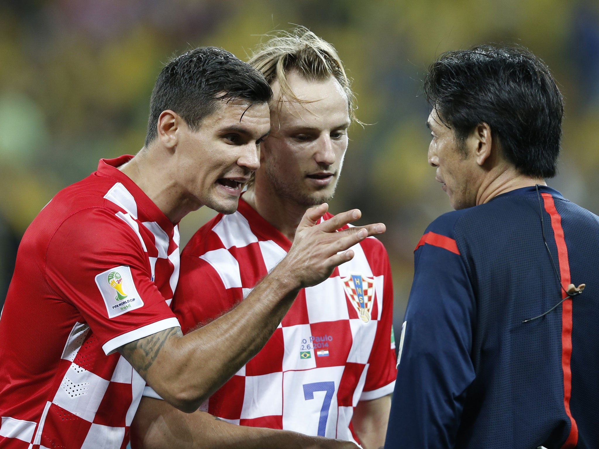 Dejan Lovren (left) was raging and suggested Mr Nishimura should not referee at the tournament
