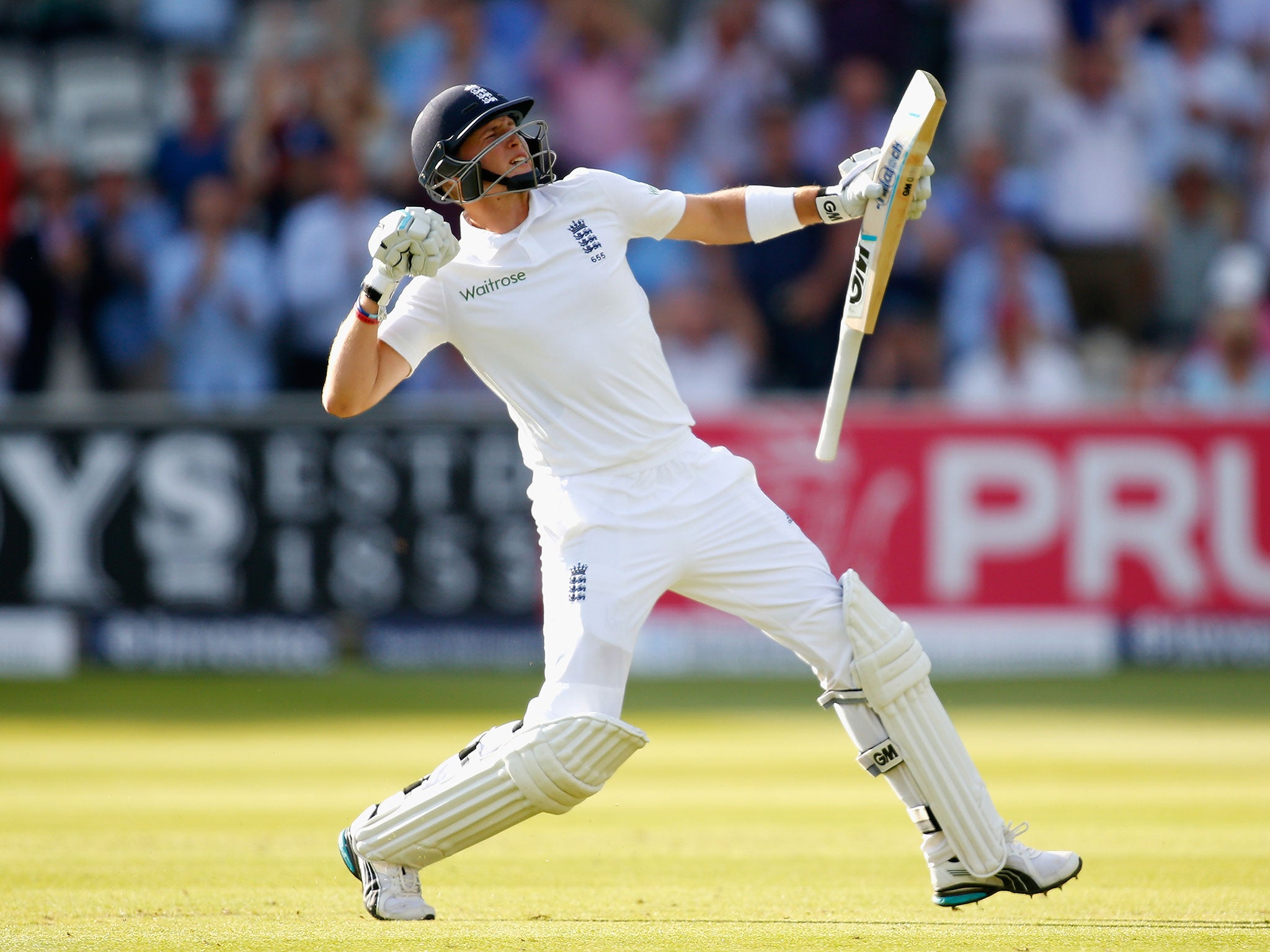 Joe Root of England celebrates reaching his century during day one of the 1st Investec Test match between England and Sri Lanka at Lord's
