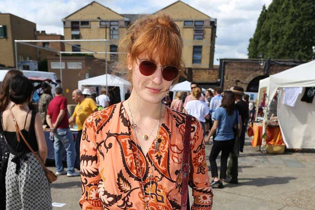 Pretty in peach paisley: Florence Welch on Brick Lane in London