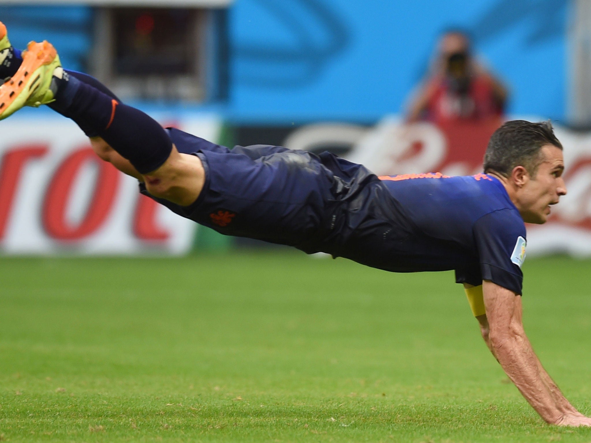 Robin van Persie leaps to equalise against Spain
