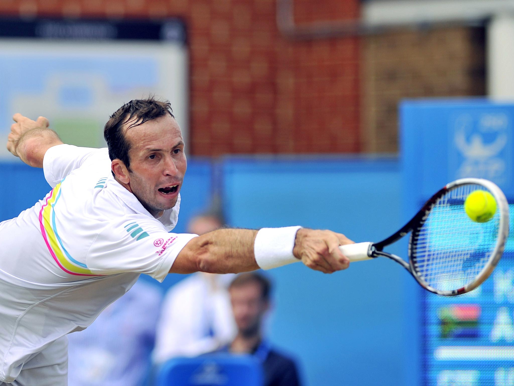 Radek Stepanek stretches for the ball in his win over Kevin Anderson yesterday