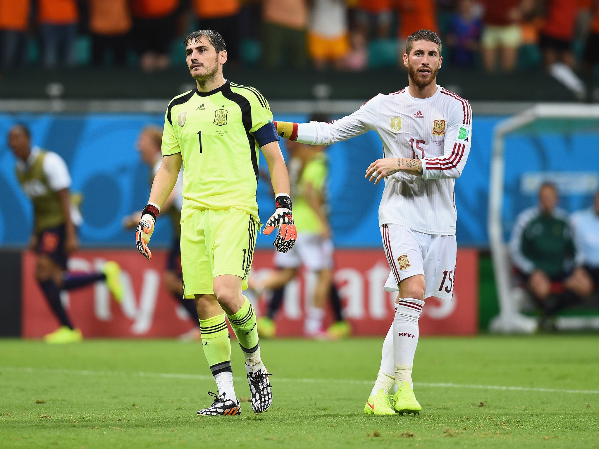 Iker Casillas is consoled by Sergio Ramos after conceding in the 5-1 defeat to the Netherlands