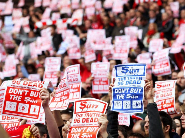 Unforgiven: Liverpool fans protest in 2012 against the Hillsborough coverage in ‘The Sun’