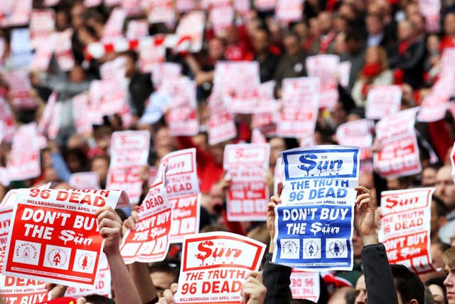 Unforgiven: Liverpool fans protest in 2012 against the Hillsborough coverage in ‘The Sun’
