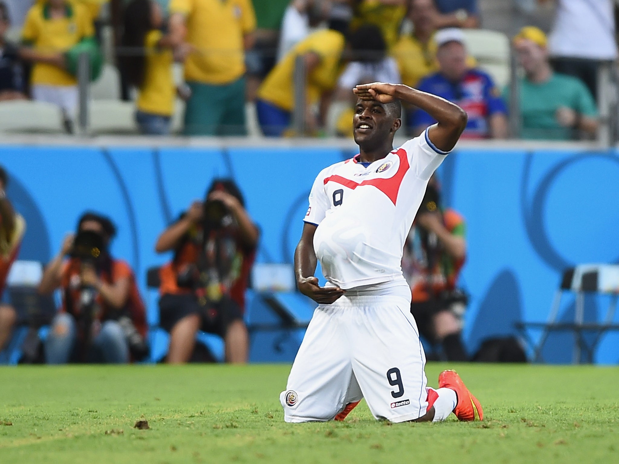 Joel Campbell celebrates his equalising goal for Costa Rica