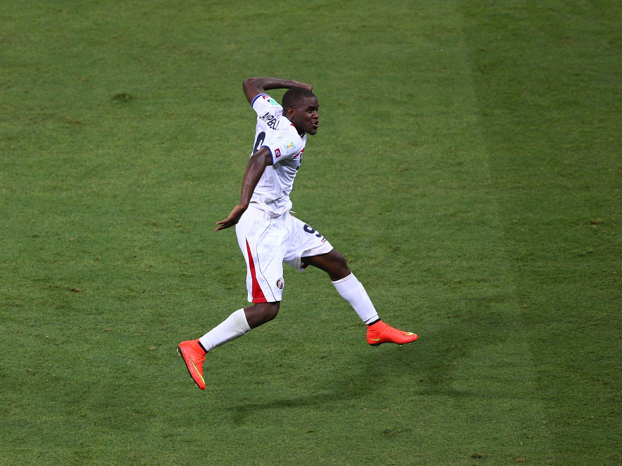 Joel Campbell celebrating after scoring for Costa Rica in the 3-1 win over Uruguay in the 2014 World Cup
