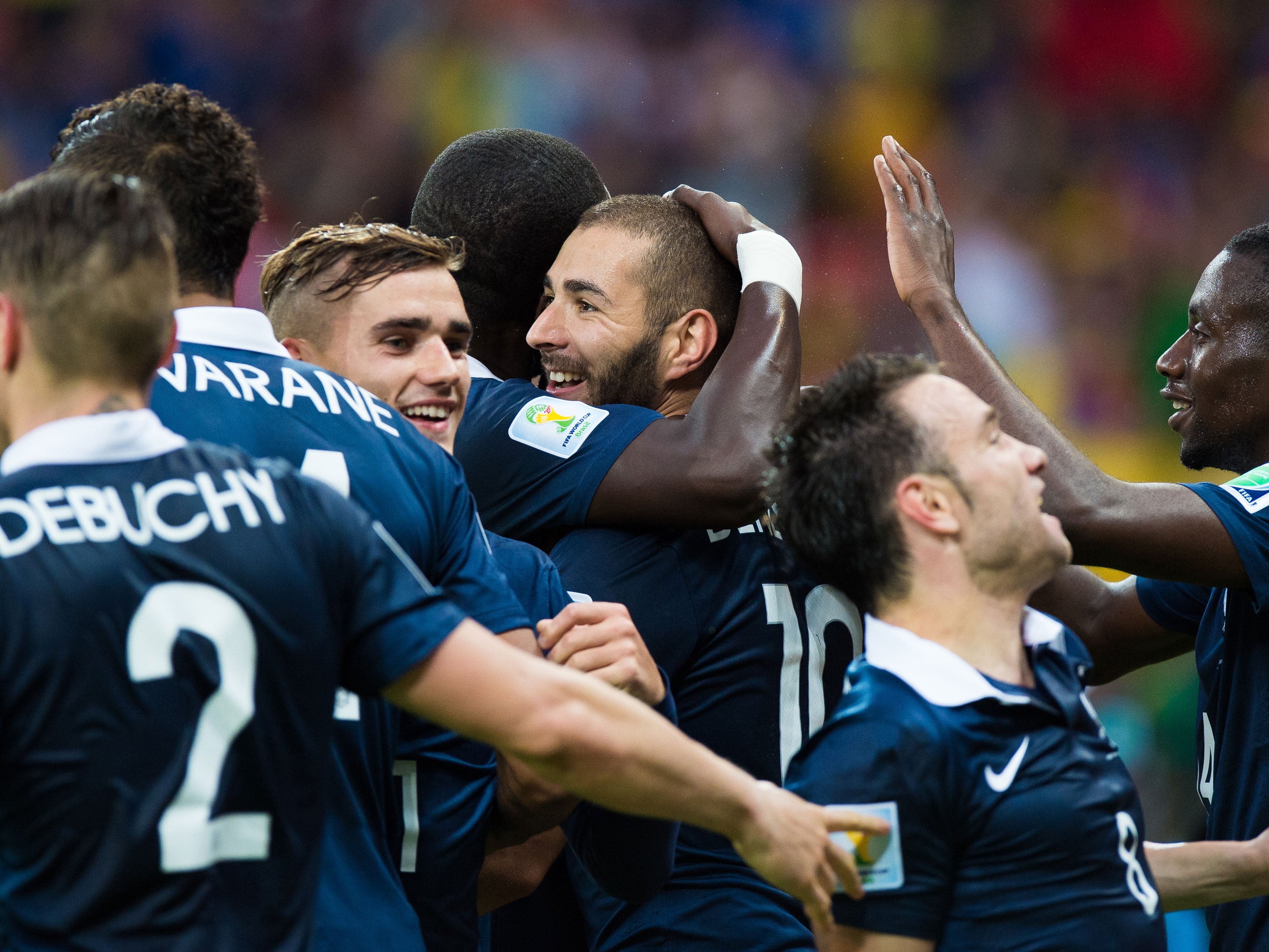France celebrate their third goal during the World Cup Group E match between France and Honduras at Estadio Beira-Rio on June 15, 2014 in Porto Alegre, Brazil.