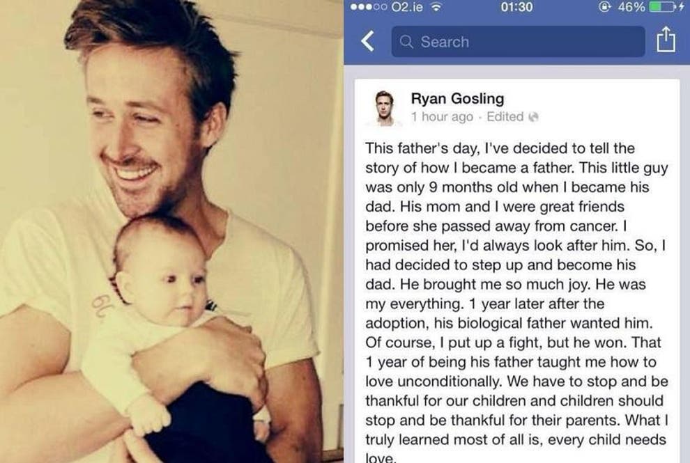 Ryan Gosling Father's Day adopted baby hoax fools one million Facebook ...