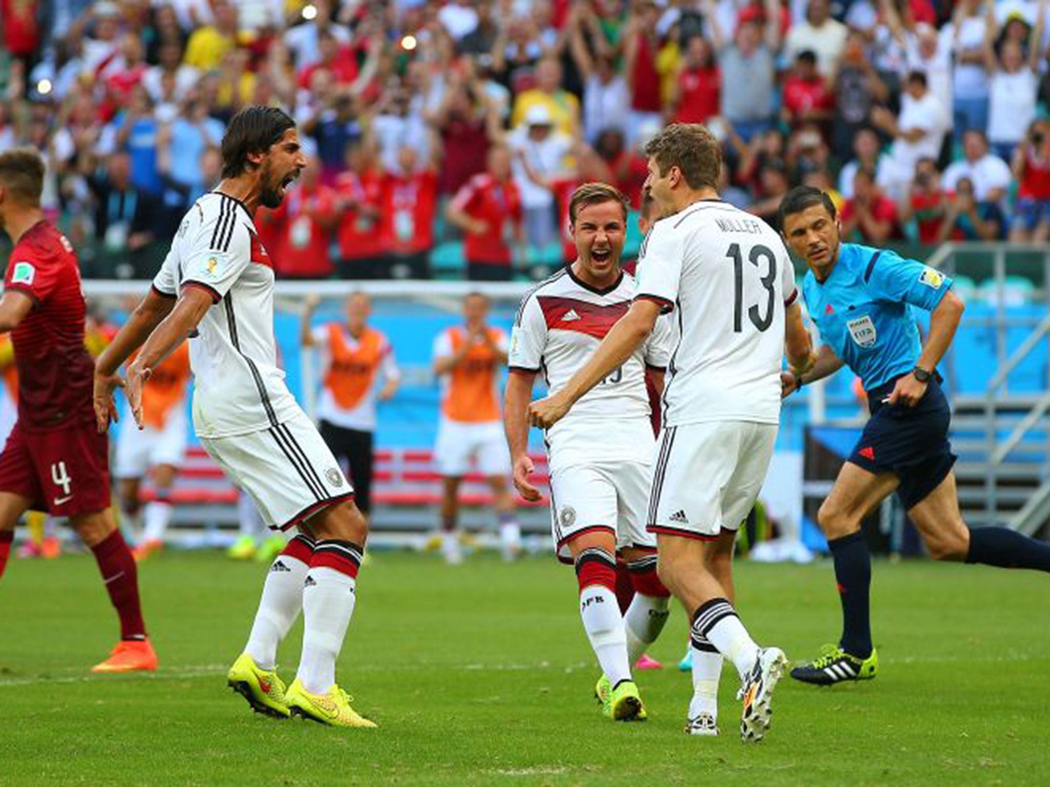 Thomas Muller of Germany celebrates scoring the first goal of the game