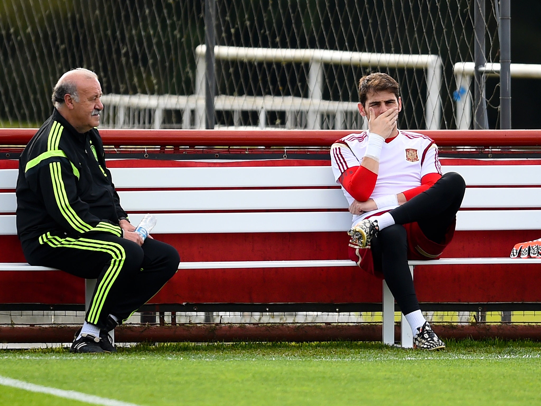 Head coach Vicente Del Bosque chats with Iker Casillas of Spain