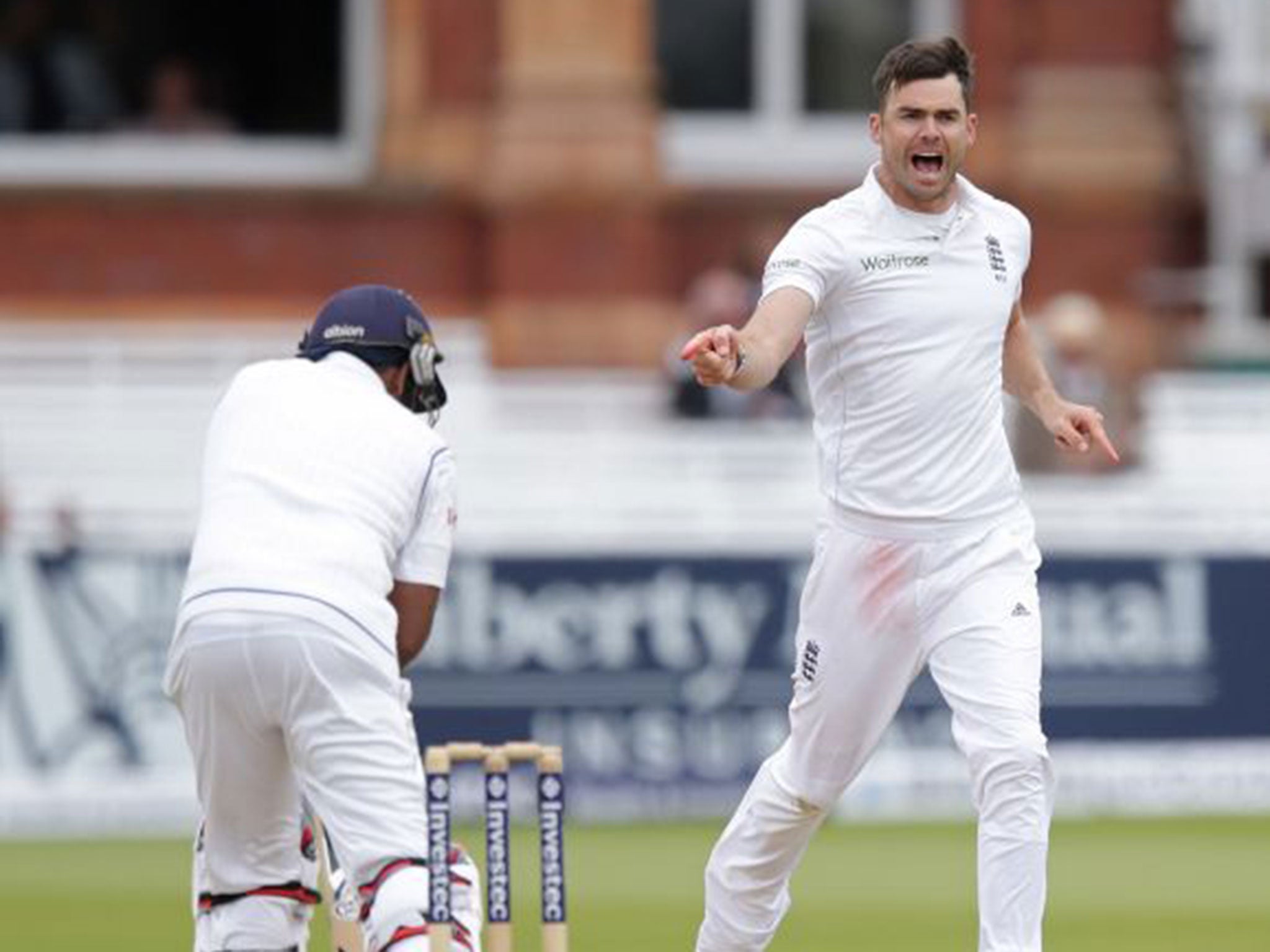 James Anderson celebrates taking the wicket of Mahela Jayawardene