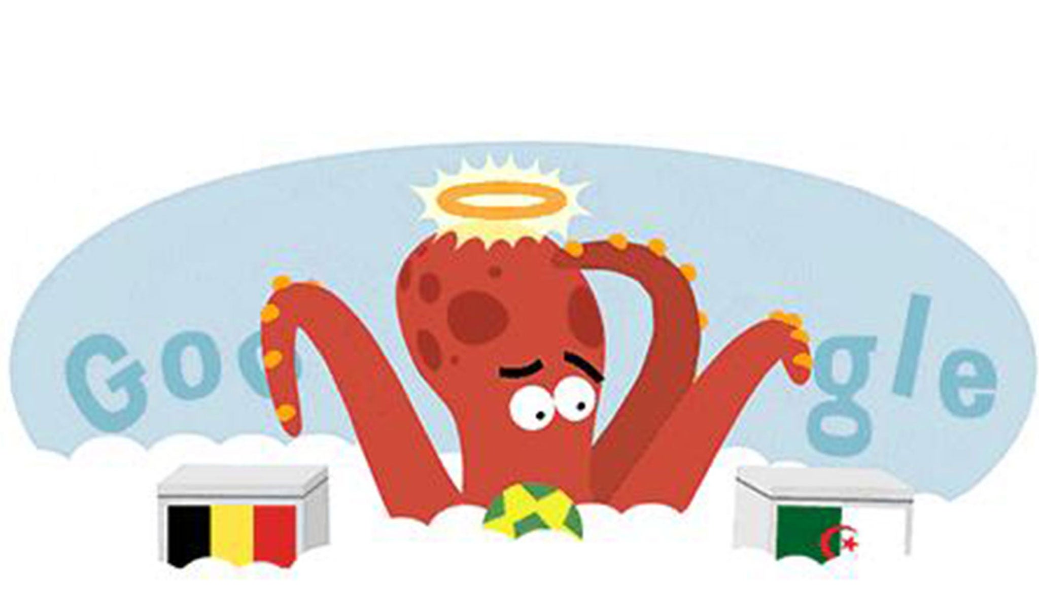 17 June 2014: Google celebrates the 2014 World Cup match between Belgium vs Algeria with a doodle honouring Paul the Octopus