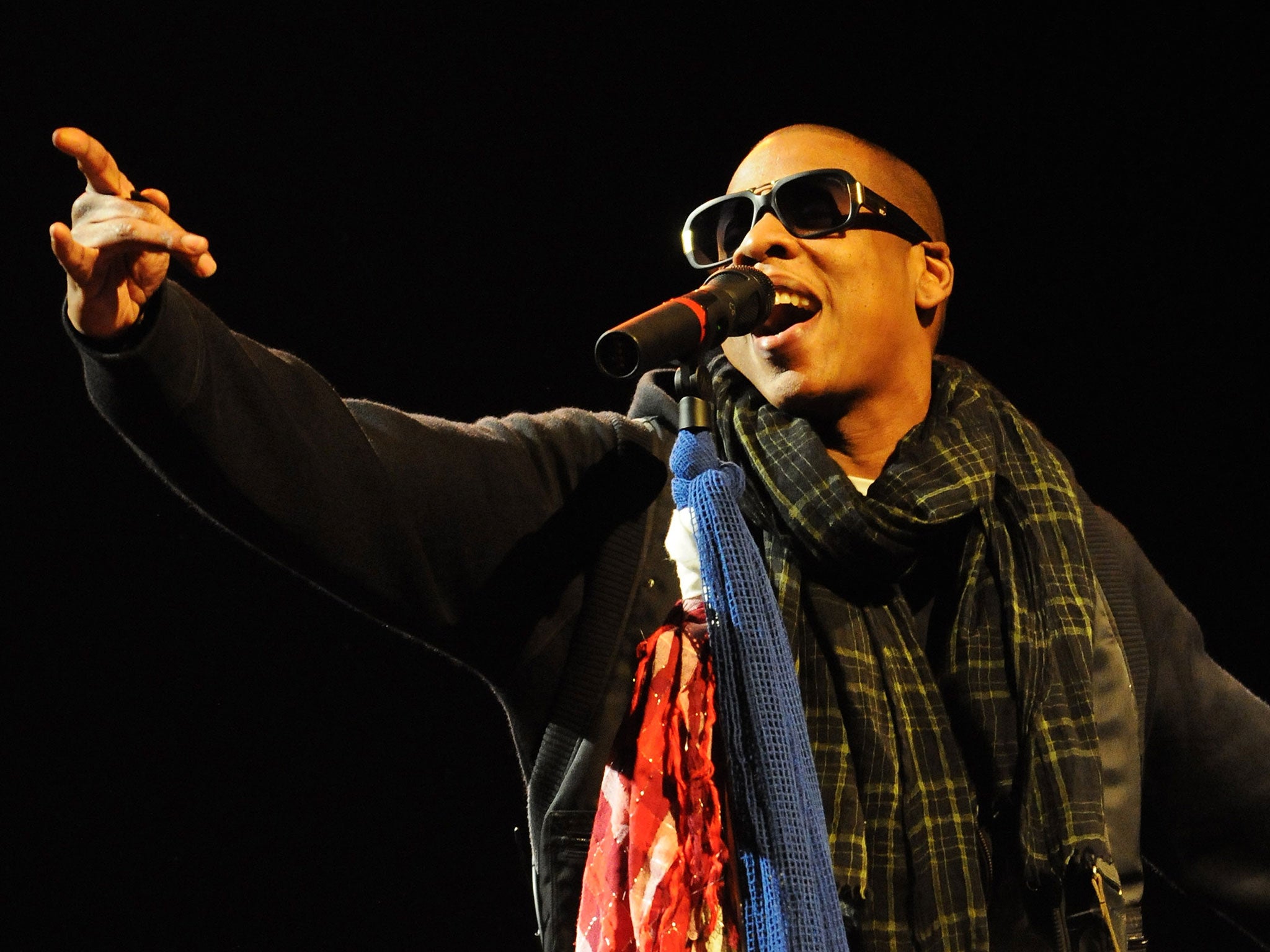Rapper Jay Z performs on the Pyramid Stage at Glastonbury in 2008