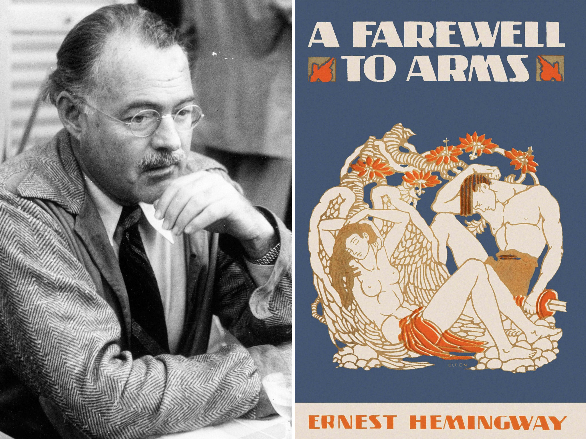 Ernest Hemmingway in 1955; The cover of 'A Farewell to Arms'