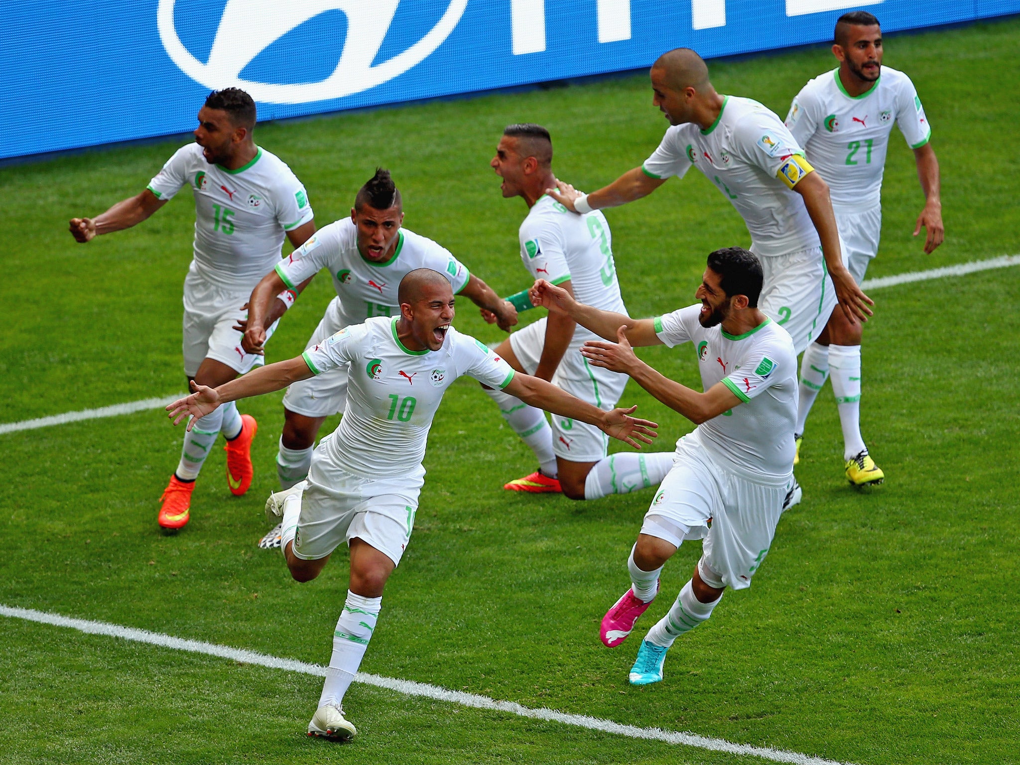 Sofiane Feghouli of Algeria celebrates with his teammates