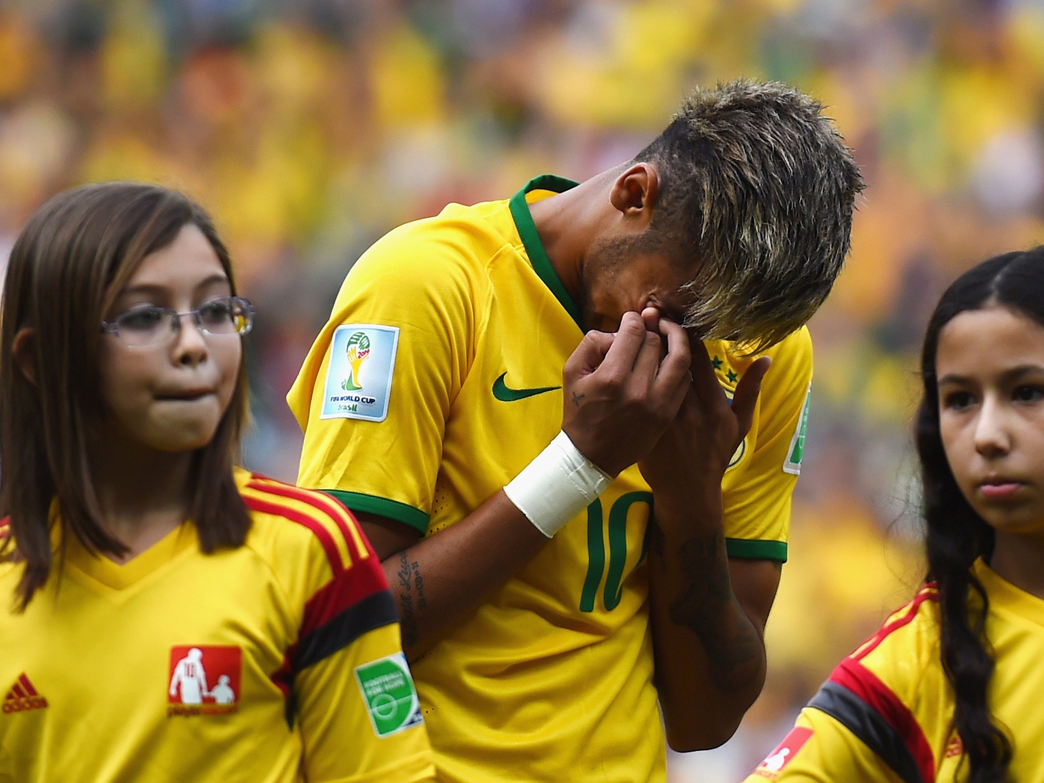 Neymar in tears during the Brazil national anthem before the game with Mexico