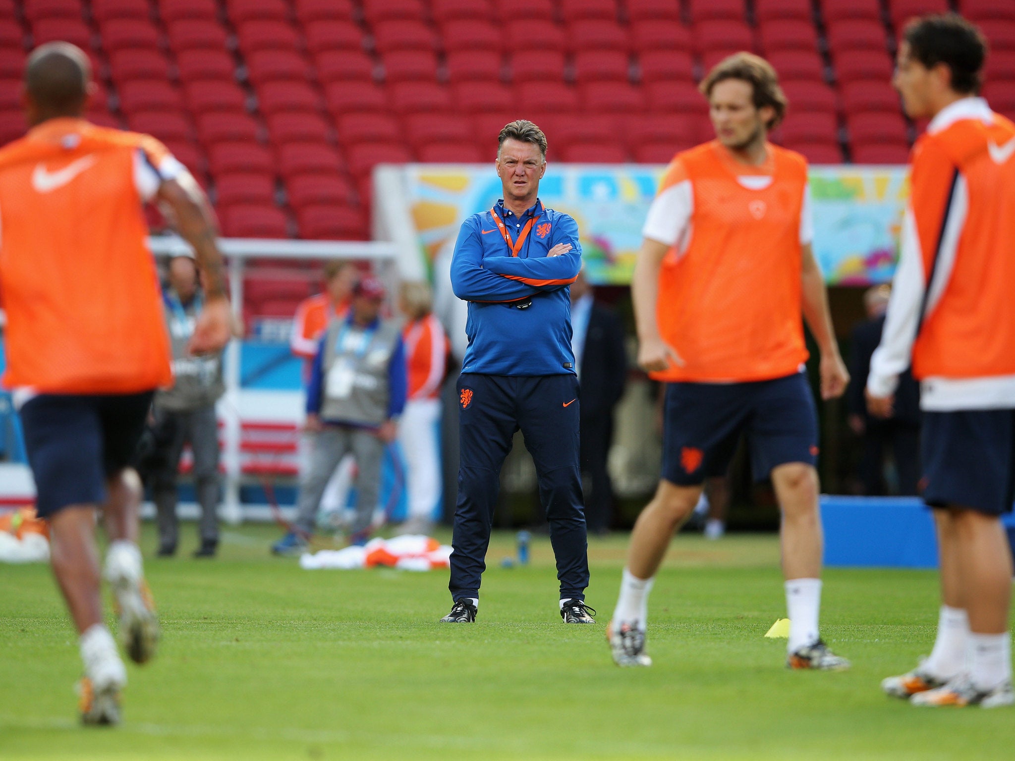 Manager of Netherlands Louis van Gaal looks on during the Netherlands training session at the Estadio Beira-Rio in Porto Alegre, Brazil.