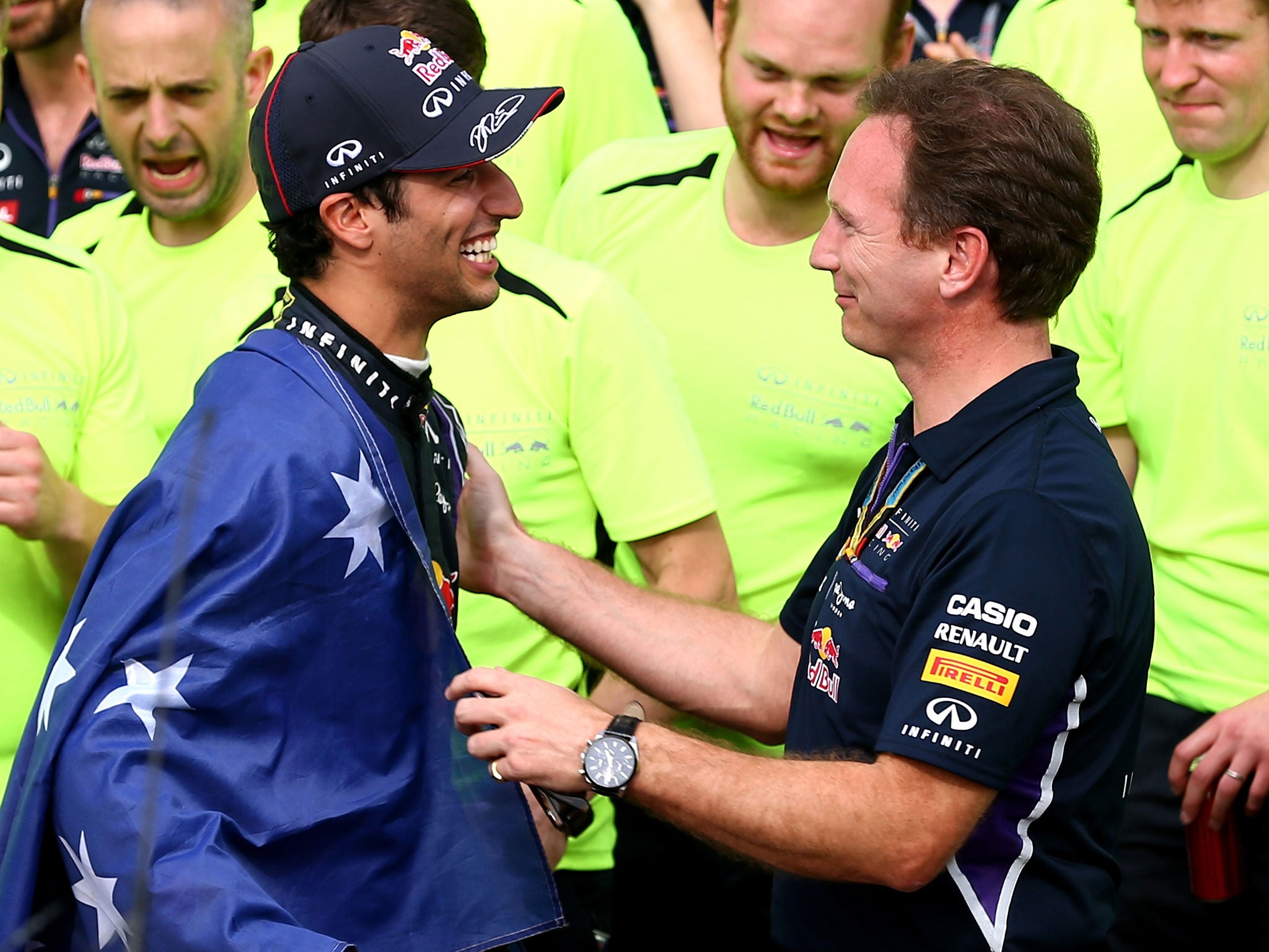 Daniel Ricciardo and Christian Horner celebrate the Canadian Grand Prix victory