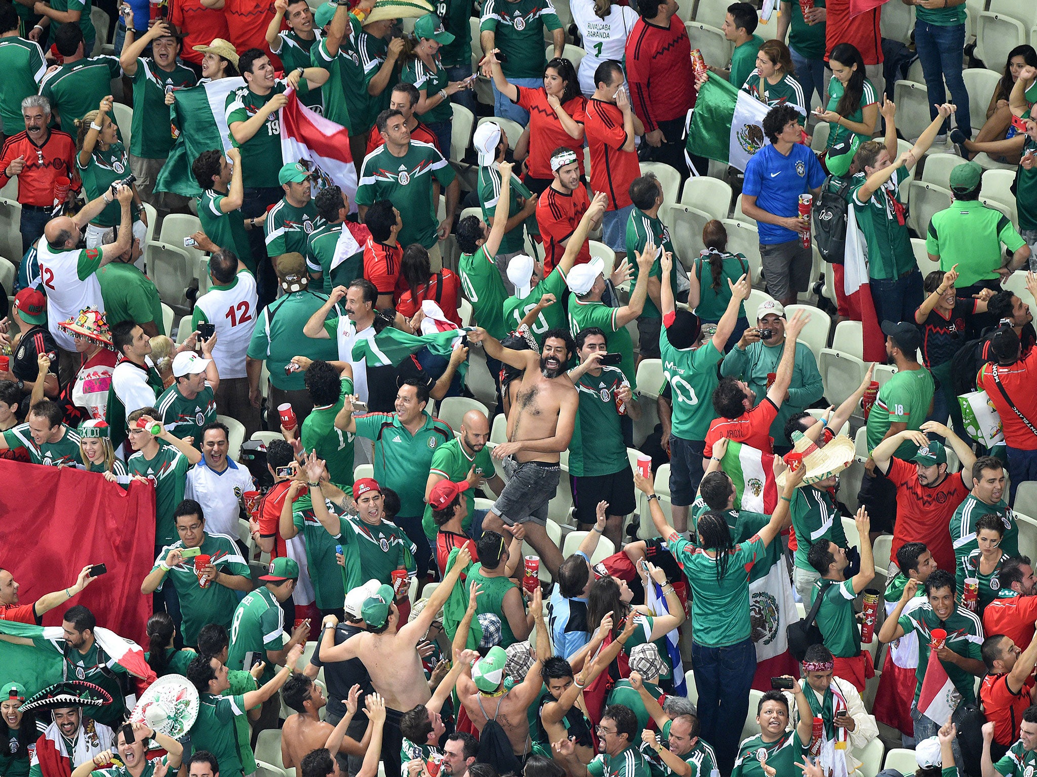 Mexican supporters cheer during a Group A football match between Brazil and Mexico in the Castelao Stadium in Fortaleza during the 2014 FIFA World Cup on June 17, 2014