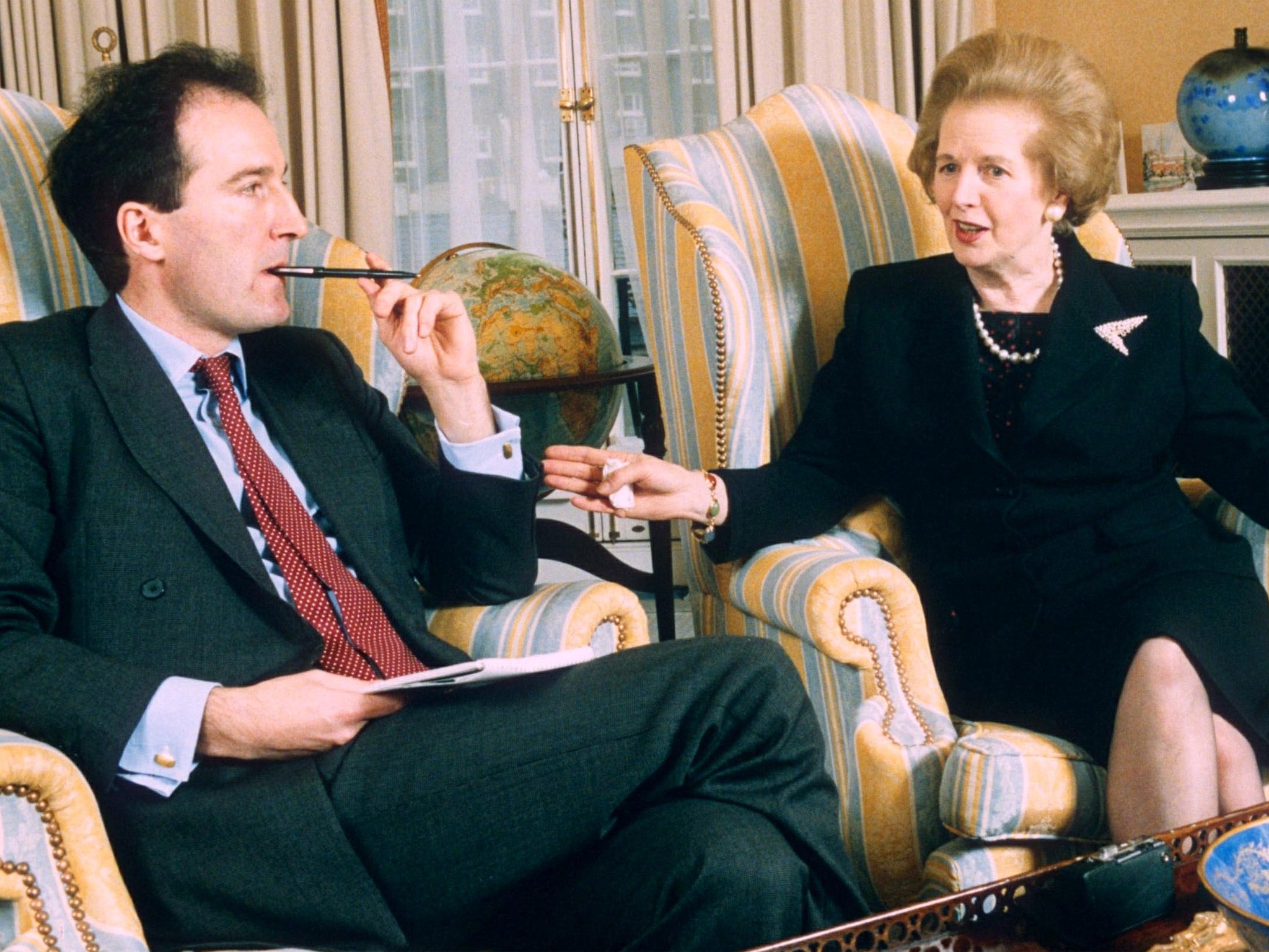 Margaret Thatcher with her biographer Charles Moore in 1995