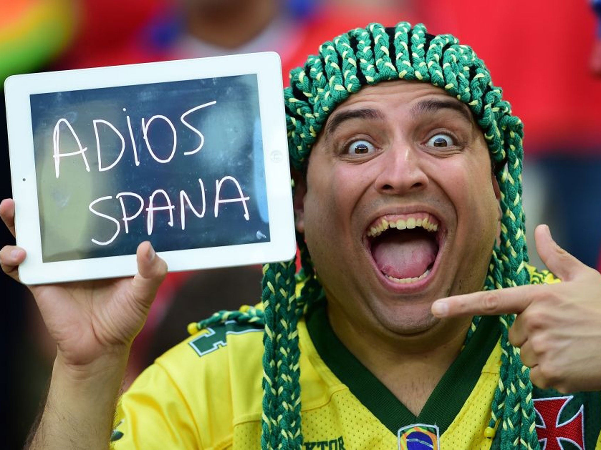 A Chile fans holds a sign reading in Spanish "Goodbye Spain" after Spain lost their Group B football match against Chile in the Maracana Stadium in Rio de Janeiro during the 2014 FIFA World Cup on June 18, 2014.