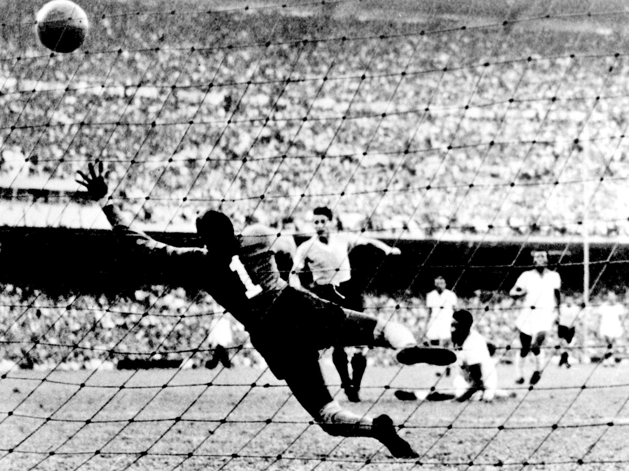 Juan Alberto Schiaffino scores for Uruguay in the win over Brazil in the Maracana in the 1950 World Cup