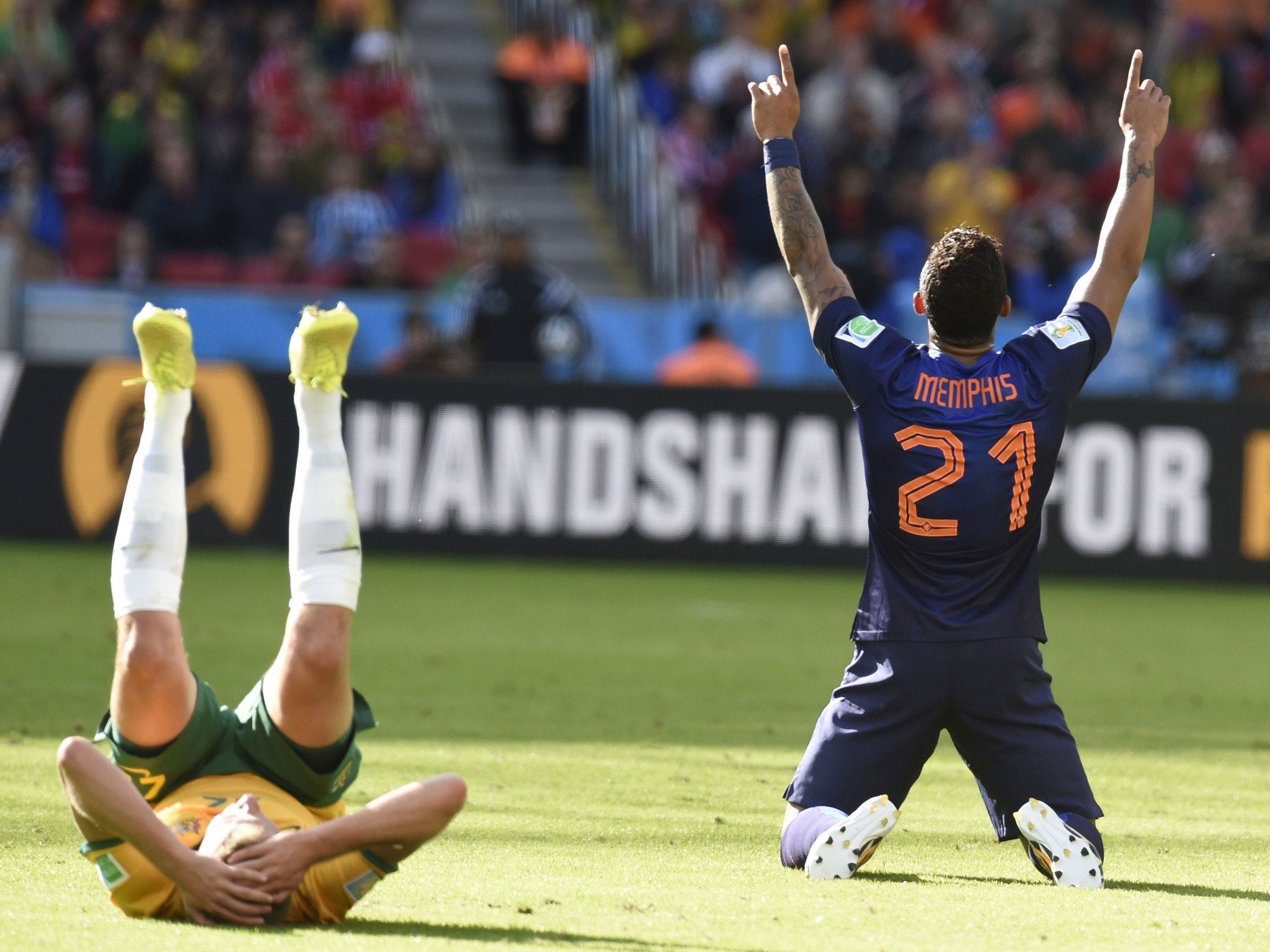 Netherlands' forward Memphis Depay celebrates after a Group B football match between Australia and the Netherlands at the Beira-Rio Stadium in Porto Alegre.
