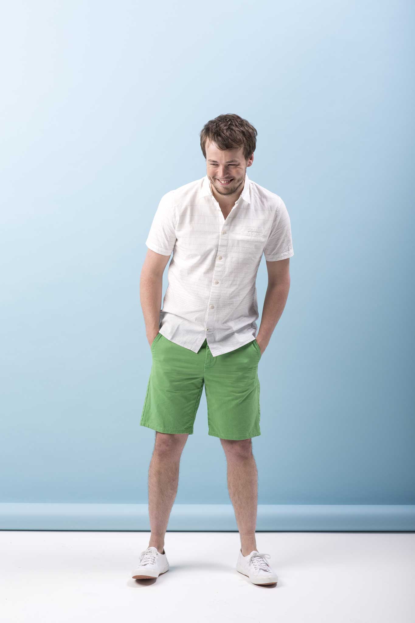 Archie Bland wears: Shirt, £105, by Folk, folkclothing.com; shorts, £75, by Gant, gant.co.uk; plimsolls, £45, by Superga, superga.co.uk