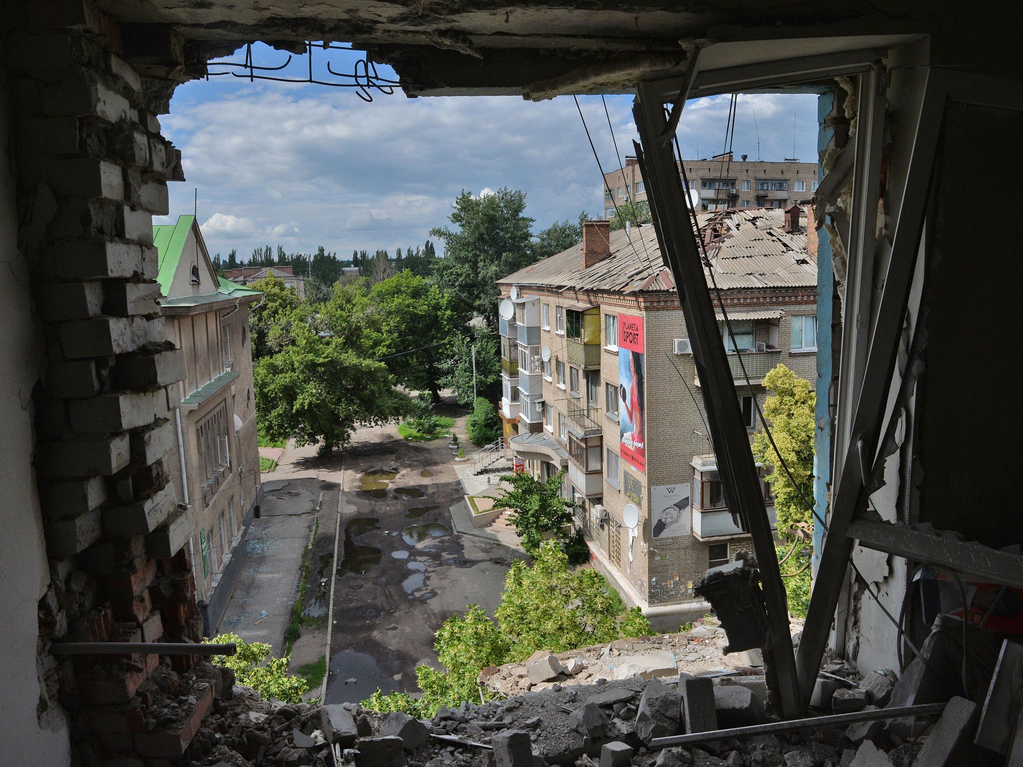 Battle scars: destruction caused by mortar shells in Sloviansk,Ukraine last week