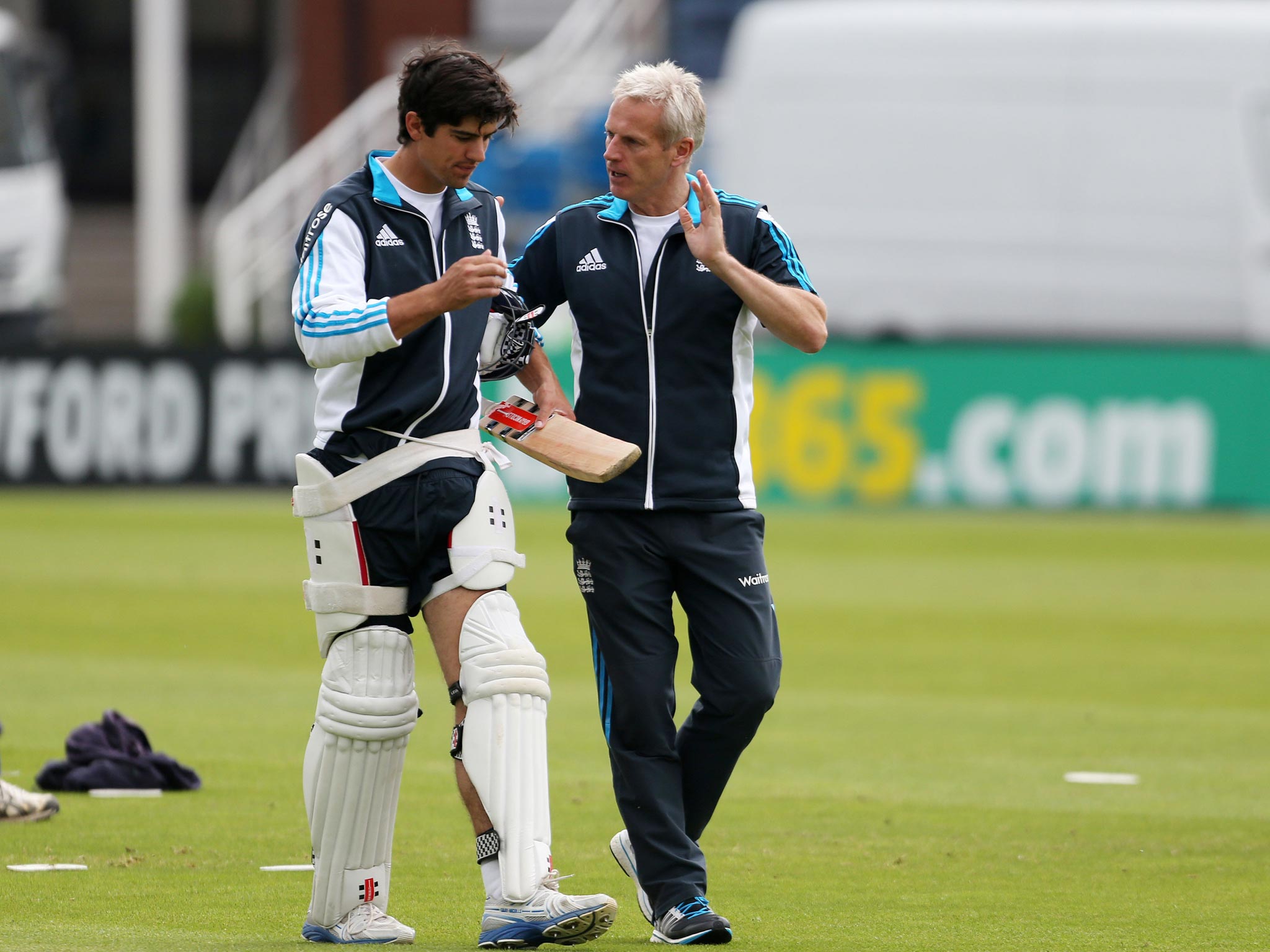 England captain Alastair Cook (left), who has gone 22
innings without a Test century, speaks with the coach, Peter Moores, at Headingley yesterday