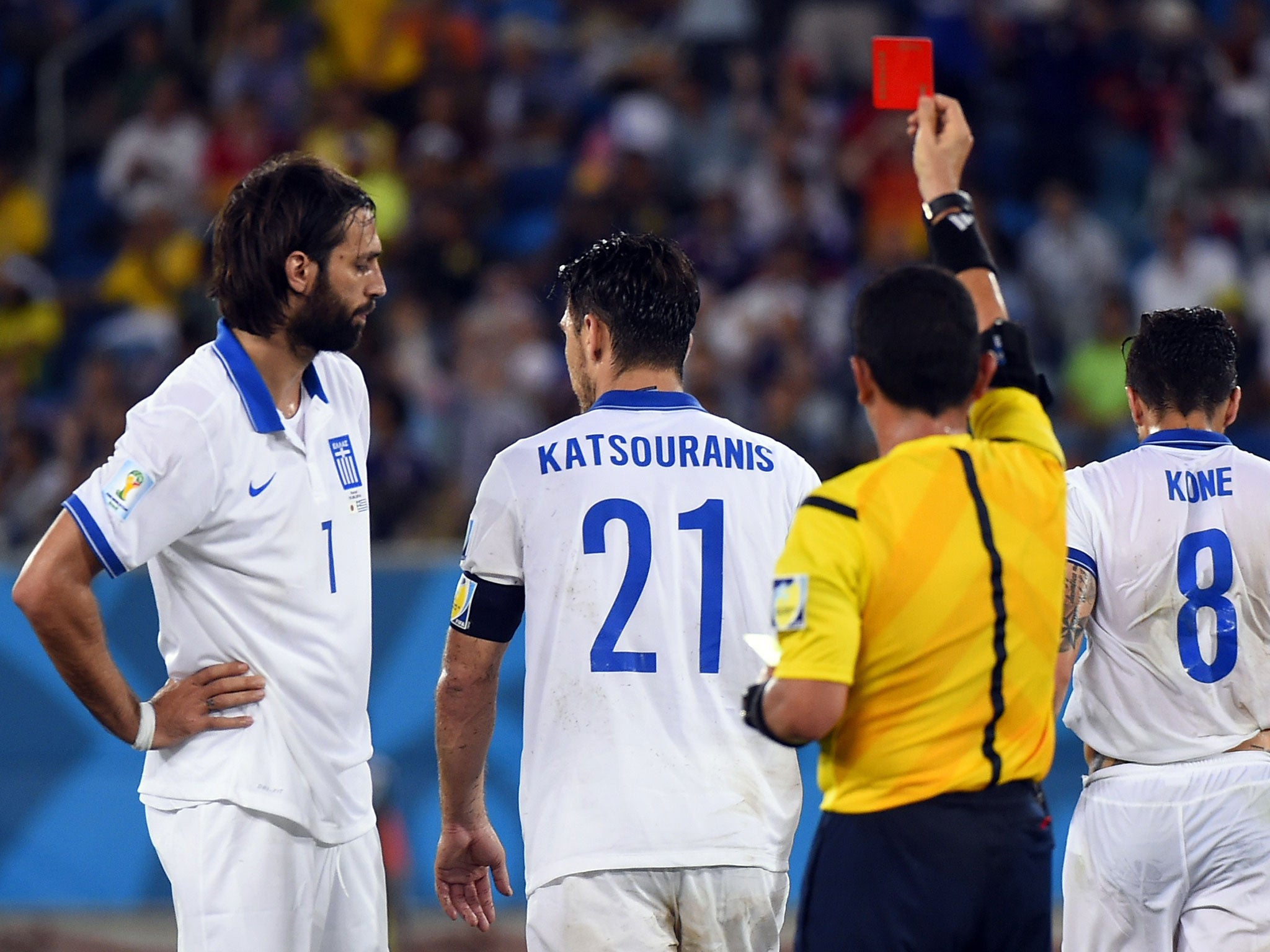 Kostas Katsouranis receives his red card