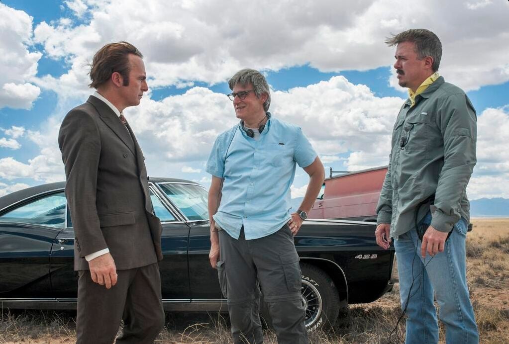 Bob Odenkirk as Saul Goodman, joined by character creator Peter Gould and Breaking Bad creator Vince Gilligan