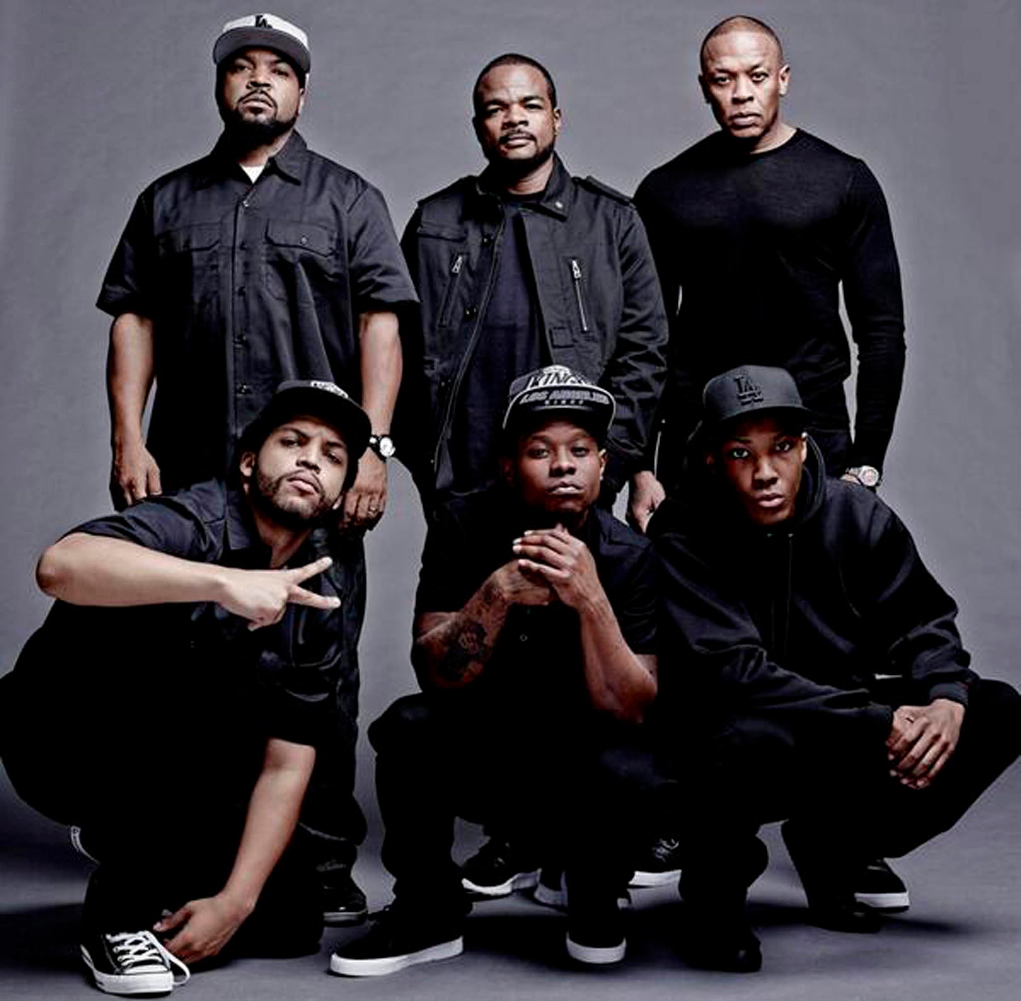 The cast and filmmakers of Straight Outta Compton (clockwise, from top left): Producer Ice Cube, director F. Gary Gray, producer Dr. Dre, actor Corey Hawkins (as Dr. Dre), Jason Mitchell (as Eazy-E) and O’Shea Jackson Jr. (as Ice Cube)