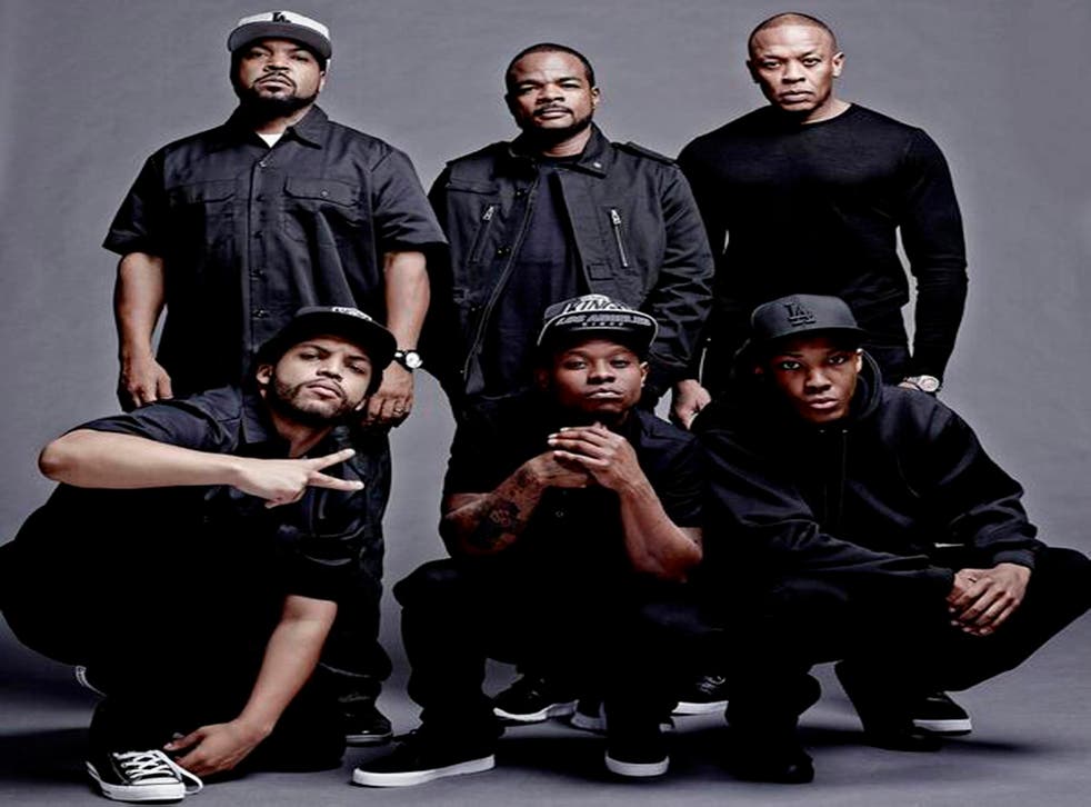 Universal Pictures announces the cast and filmmakers of Straight Outta Compton (clockwise, from top left): Producer Ice Cube, director F. Gary Gray, producer Dr. Dre, actor Corey Hawkins (as Dr. Dre), Jason Mitchell (as Eazy-E) and O’Shea Jackson Jr. (as 