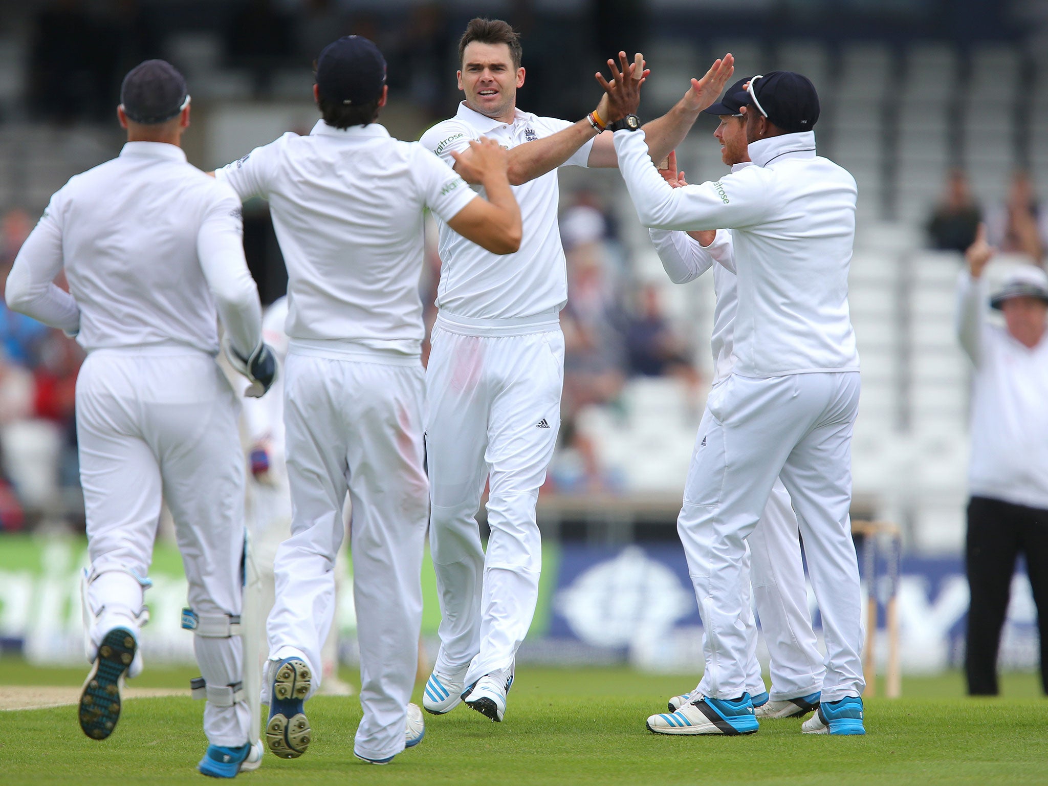 James Anderson of England celebrates taking the wicket of Kaushal Silva of Sri Lanka during day one of 2nd Investec Test match between England and Sri Lanka