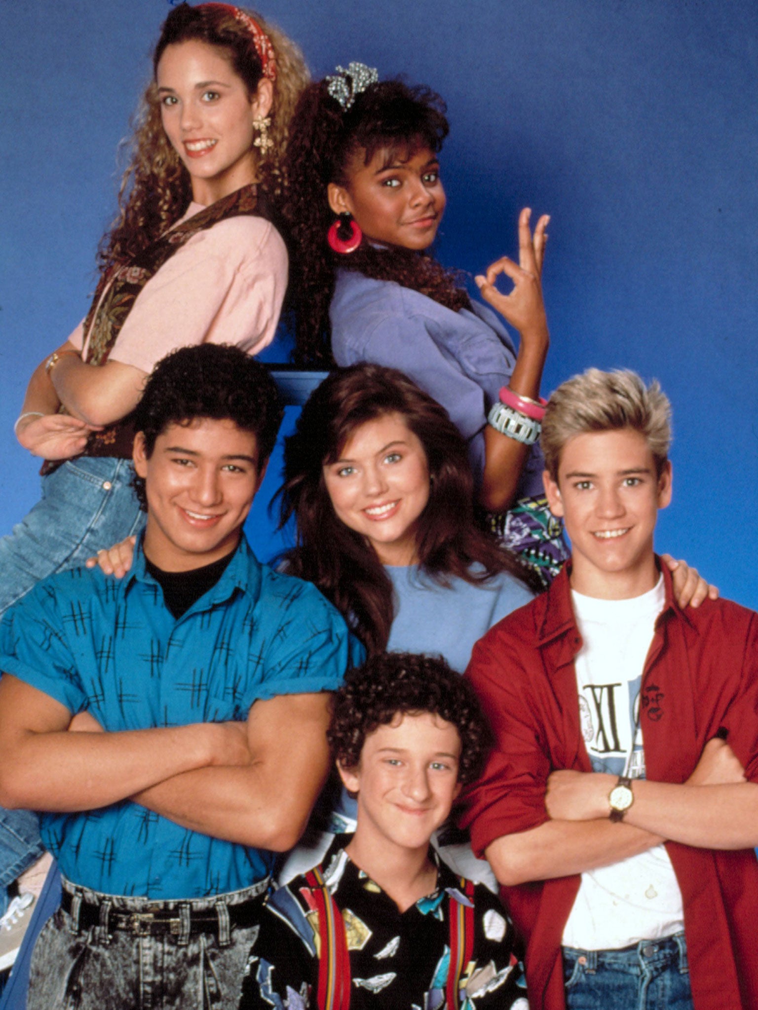 Elizabeth Berkley, Lark Voorhies, Mario Lopez, Tiffani-Amber Thiessen, Dustin Diamond and Mark-Paul Gosselaar starred in Saved by the Bell from 1989 to 1992