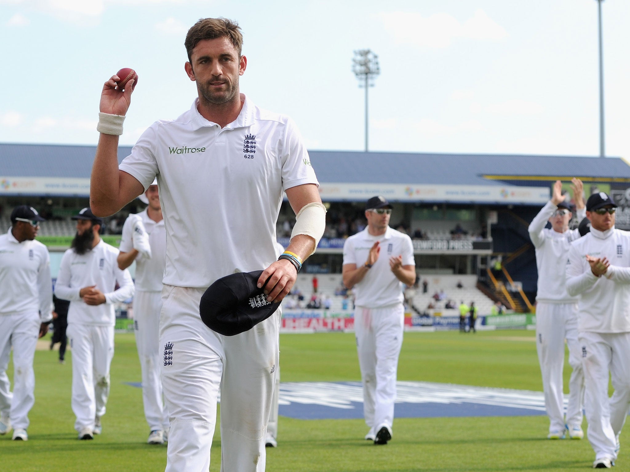 Liam Plunkett of England leaves the field after picking up a five wicket haul