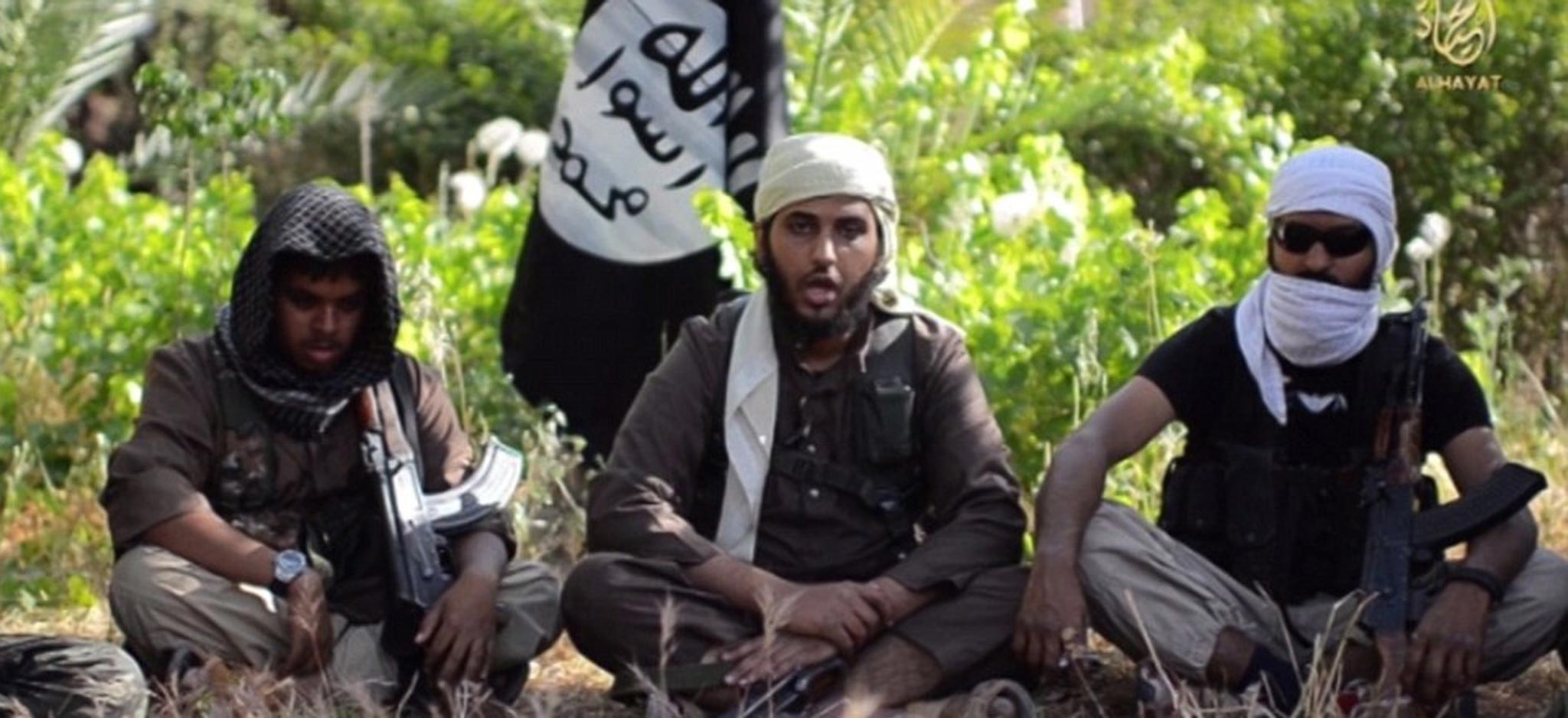 Three men in the video identify themselves as (from left) Abu Dujana al-Hindi, Abu Muthanna al-Yemeni and Abu Bara al-Hindi