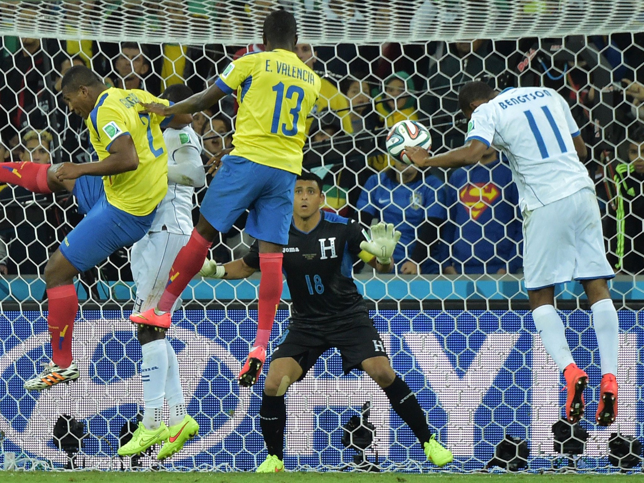 Enner Valencia (centre) heads in his second