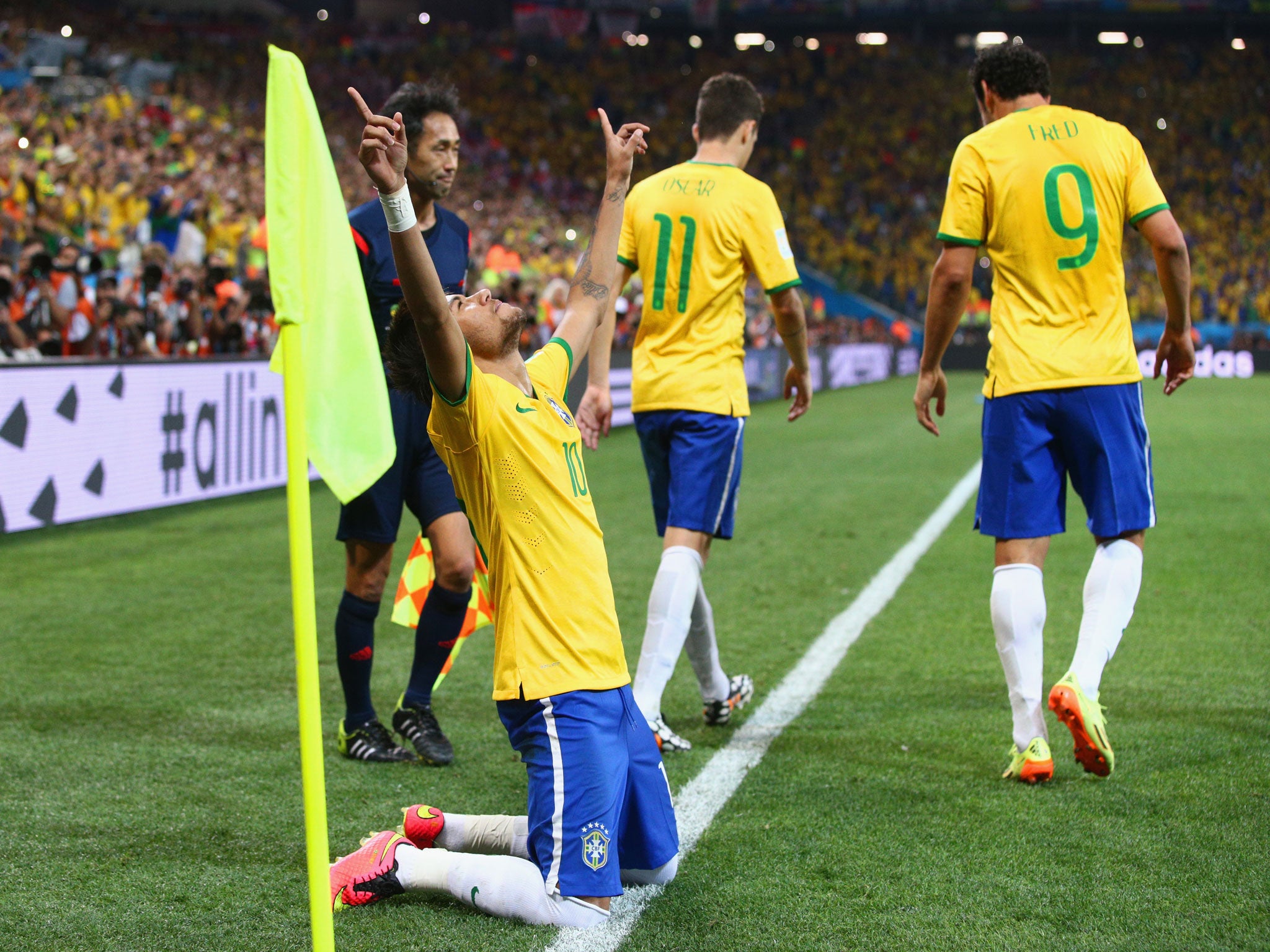 Neymar of Brazil celebrates scoring against Croatia