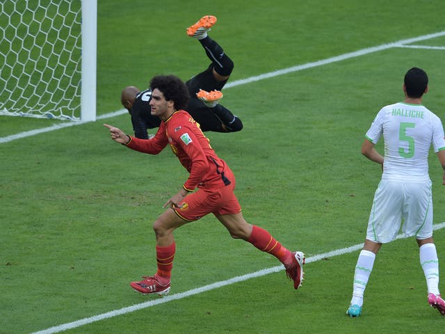 Belgium's midfielder Marouane Fellaini (Front L) celebrates after scoring his team's first goal during the Group H football match between Belgium and Algeria at the Mineirao Stadium