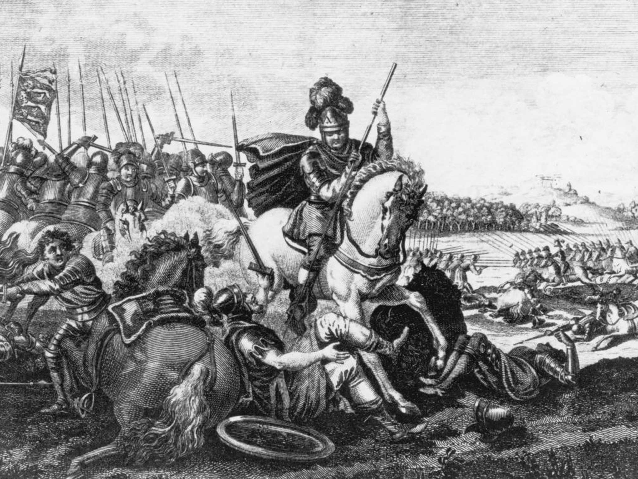 An engraving shows the English cavalry at the battle of Bannockburn