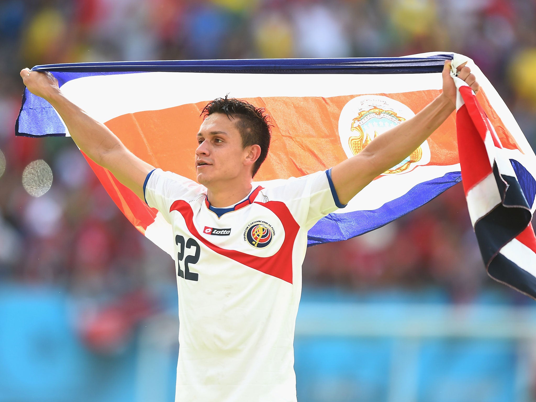 Jose Miguel Cubero of Costa Rica celebrates after defeating Italy 1-0 during the 2014 FIFA World Cup Brazil Group D match between Italy and Costa Rica