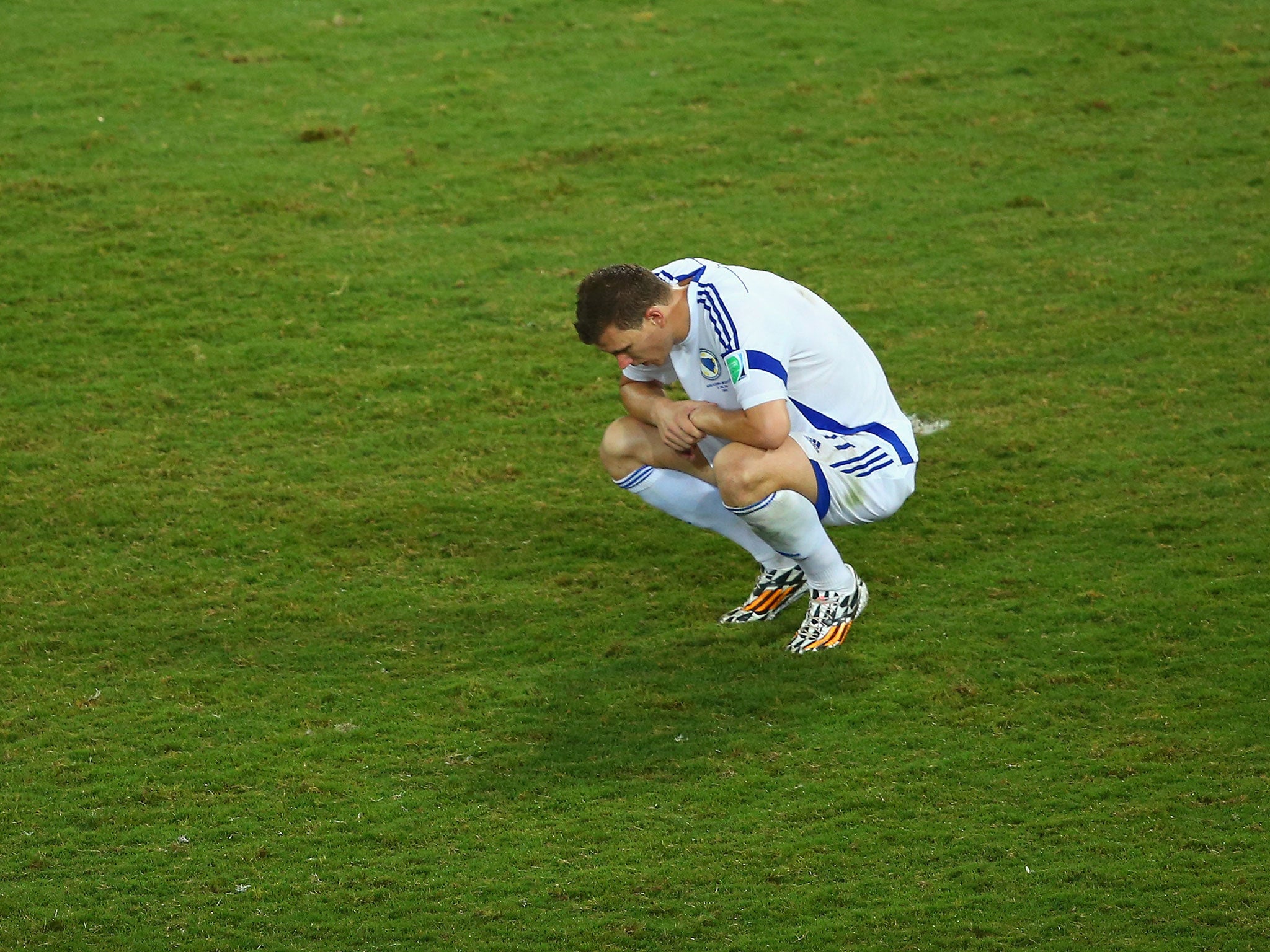 Bosnia's Edin Dzeko reacts after hitting the post late on against Nigeria
