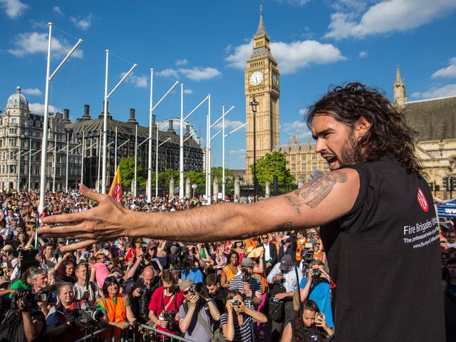 Russell Brand wore a t-shirt which read: 'Firefighters rescue people not bankers'