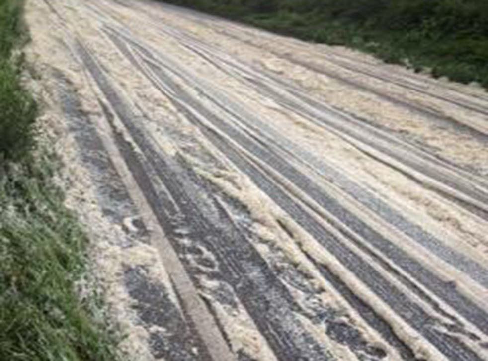 North Yorkshire Police tweeted this picture alongside the caption: 'Mashed Potato covering #A64 and #Crambeck. This is after majority ploughed away. Remaining residue frozen.'