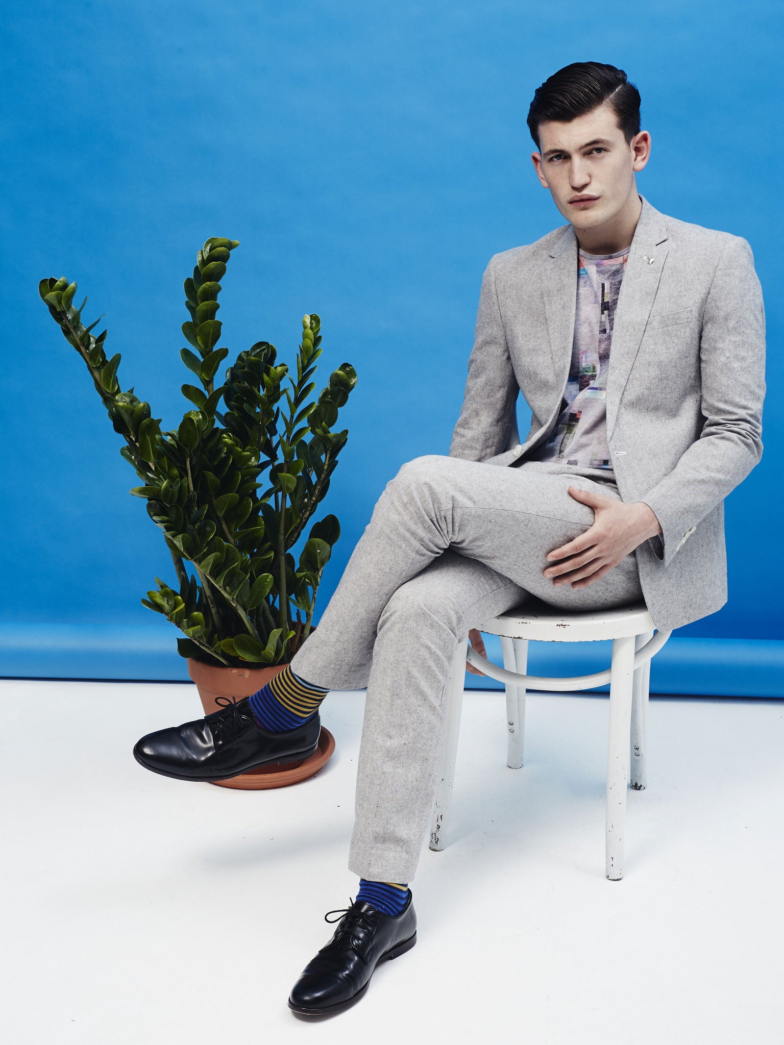 Suit £85, asos.com; T-shirt £109, PS by Paul Smith, and socks £16, Paul Smith, both paulsmith.co.uk; shoes £250, apc.fr