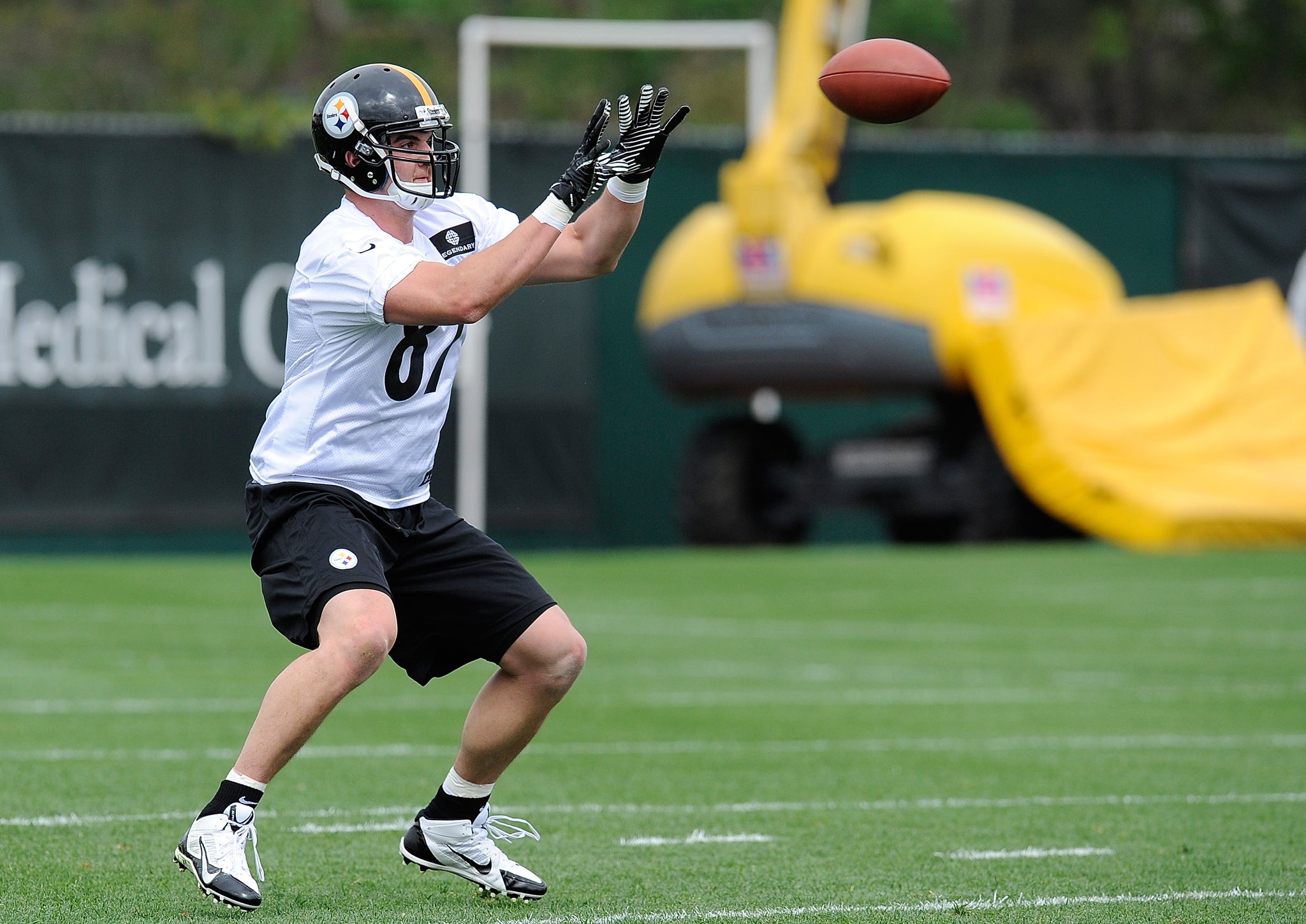 Rob Blanchflower (not related) of the Pittsburgh Steelers participates in drills during rookie minicamp at the Pittsburgh Steelers Training Facility on May 16, 2014